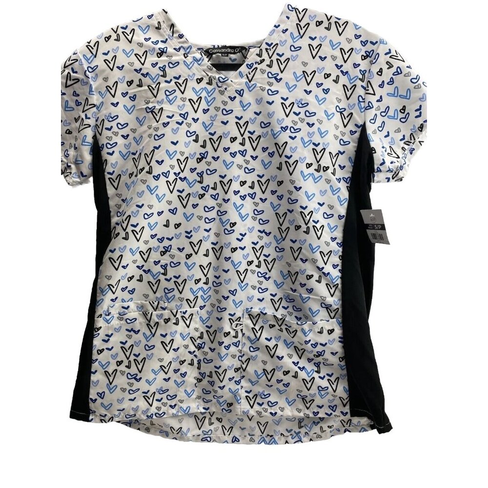 Women’s Nurse Scrub Top White With Blue Hears Black Back, Small Brand New As Is!